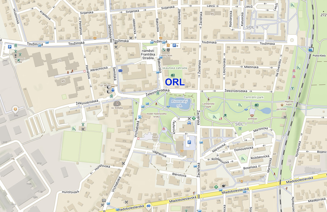 Mapa okolí ordinace ORL Kbely
